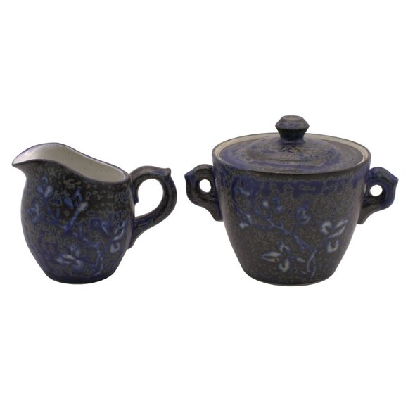 Vintage Blue Gray Studio Pottery Creamer Sugar Bowl Set Floral Glaze Signed - Picture 2 of 11